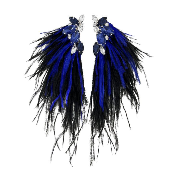 Orecchini Con Pietre Blu E Piume Blu Elettrico E Nere  - Cl1071