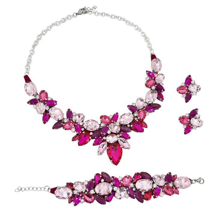 Collana Orecchini E Bracciale Con Pietre Rosa E Fucsia  - Pr201