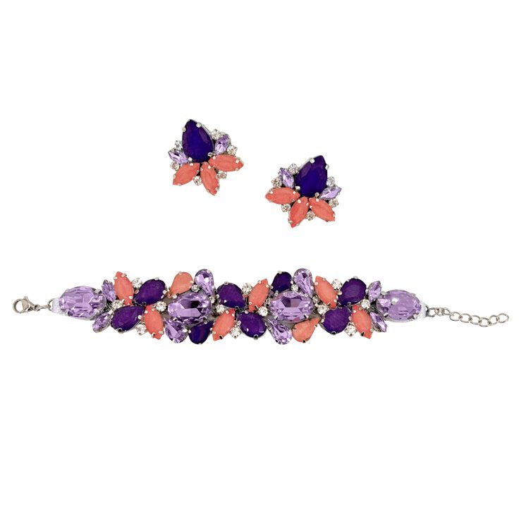 Orecchini E Bracciale Con Pietre Ametista Viola E Corallo - Pr240
