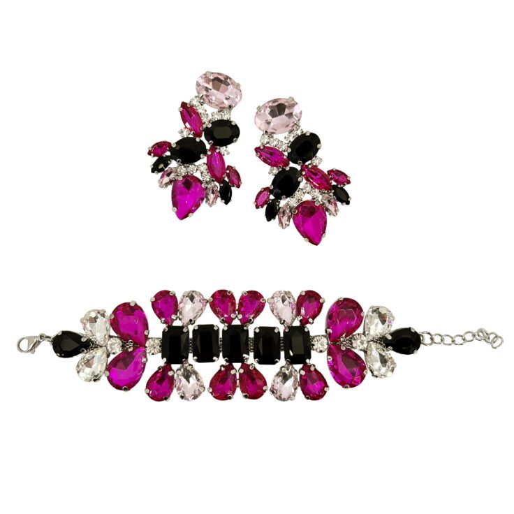 Orecchini E Bracciale Con Pietre Nere Rosa Fucsia E Crystal  - Pr244