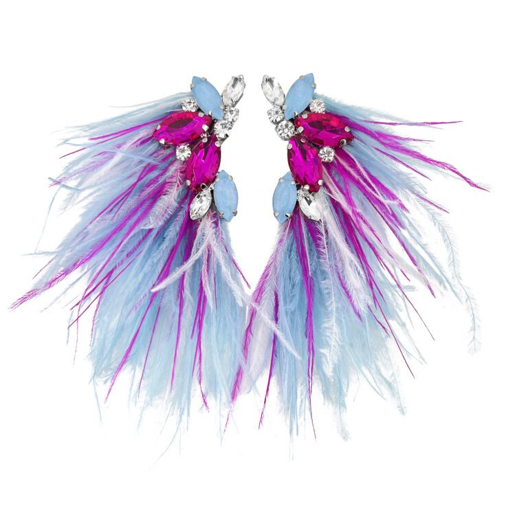 Orecchini Con Pietre E Piume Celesti Bianche E Fucsia  - Cl1211
