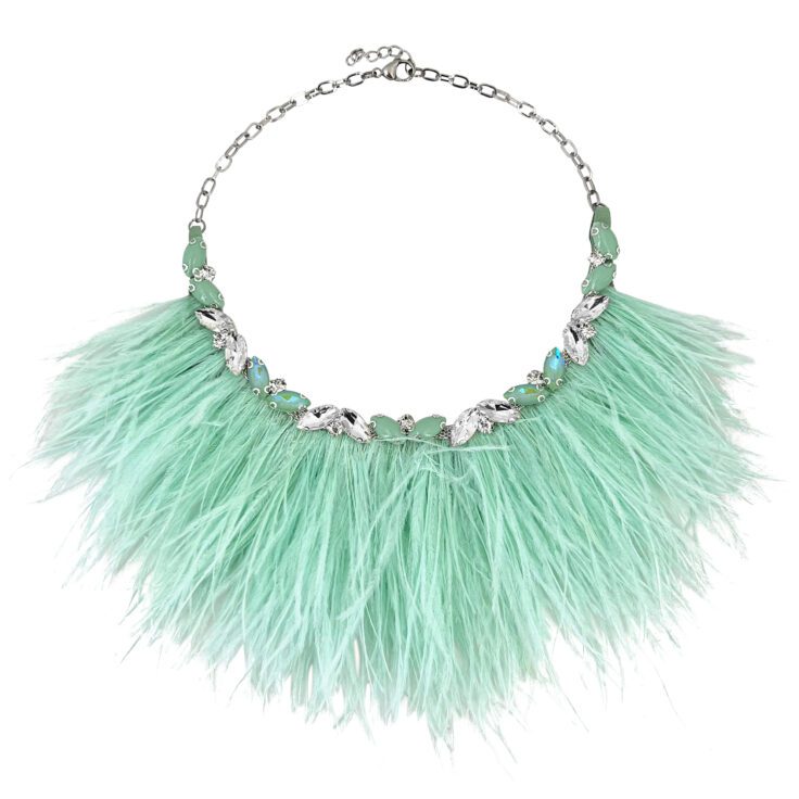 Collana Con Pietre E Piume Verde Acqua - Nkl185