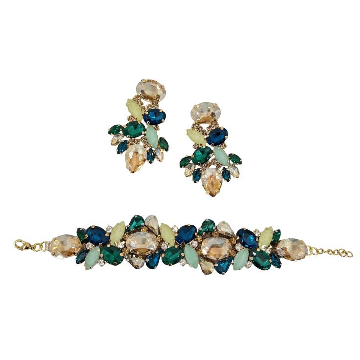 Orecchini E Bracciale Con Pietre Verdi Blu Oro Verde Acqua - Pr251