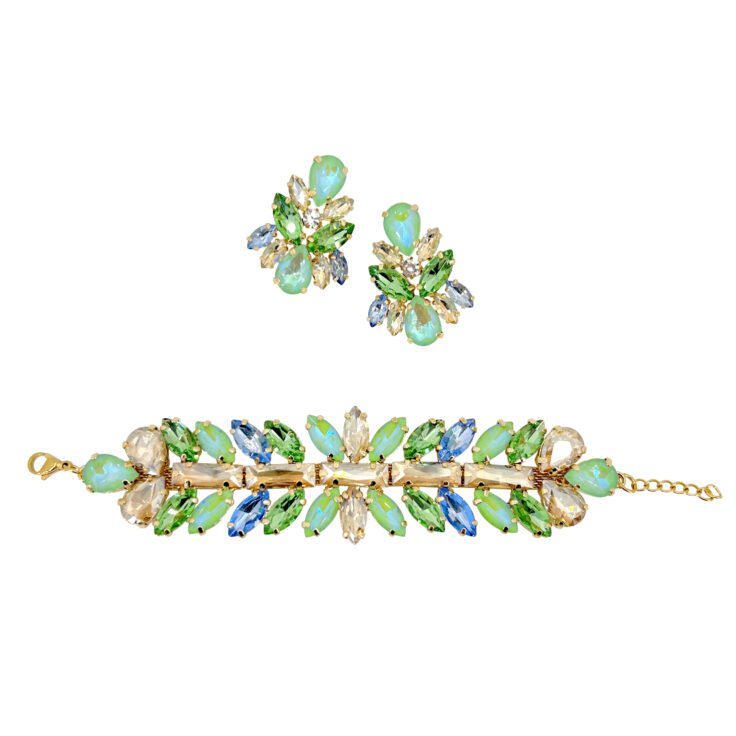 Orecchini E Bracciale Con Pietre Verdi Celesti Oro E Verde Acqua - Pr254