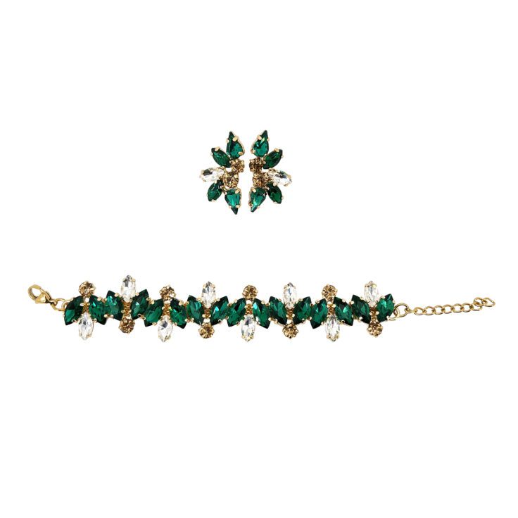 Orecchini E Bracciale Con Pietre Verdi Crystal E Oro - Pr248