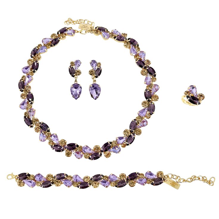 Collana Orecchini Anello E Bracciale Con Pietre Viola Ametista E Oro - Pr357