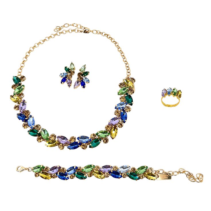 Collana Orecchini Anello E Bracciale Con Pietre Verdi Gialle Ametista Celesti E Blu Elettrico - Pr349
